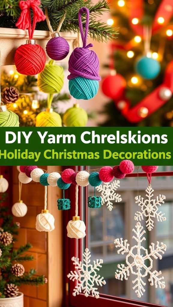 A collection of DIY yarn Christmas decorations including ornaments, garlands, and snowflakes in a festive setting.